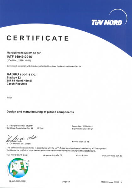 Certificate for quality management system