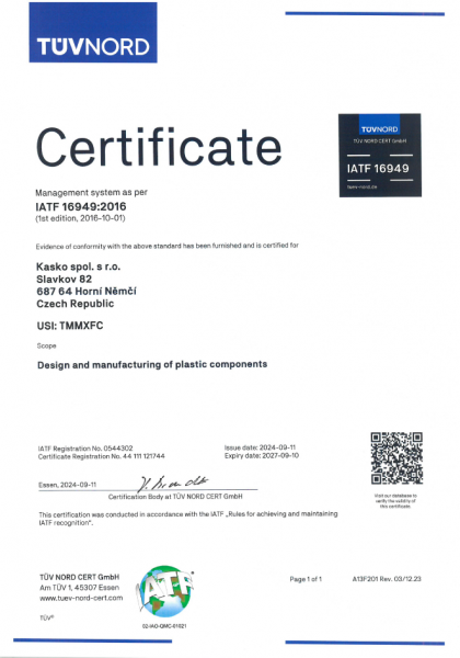 Certificate for quality management system