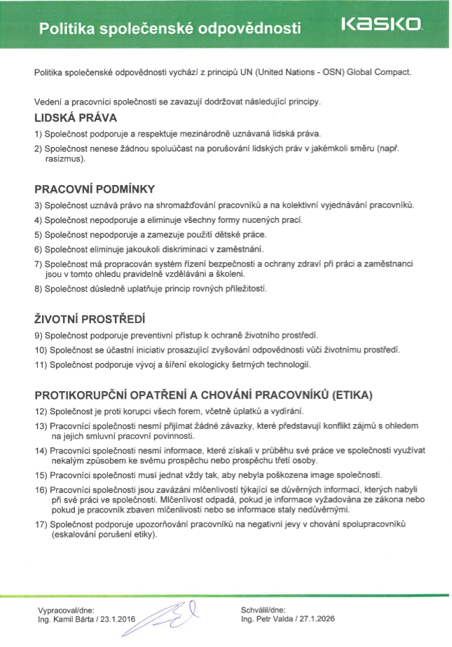 Politika společenské odpovědnosti Kasko 2026